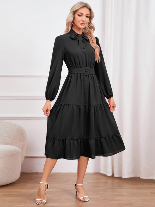 Tie Neck Long Sleeve Tiered Dress | Midi Dress With Waistband & Neck Bow