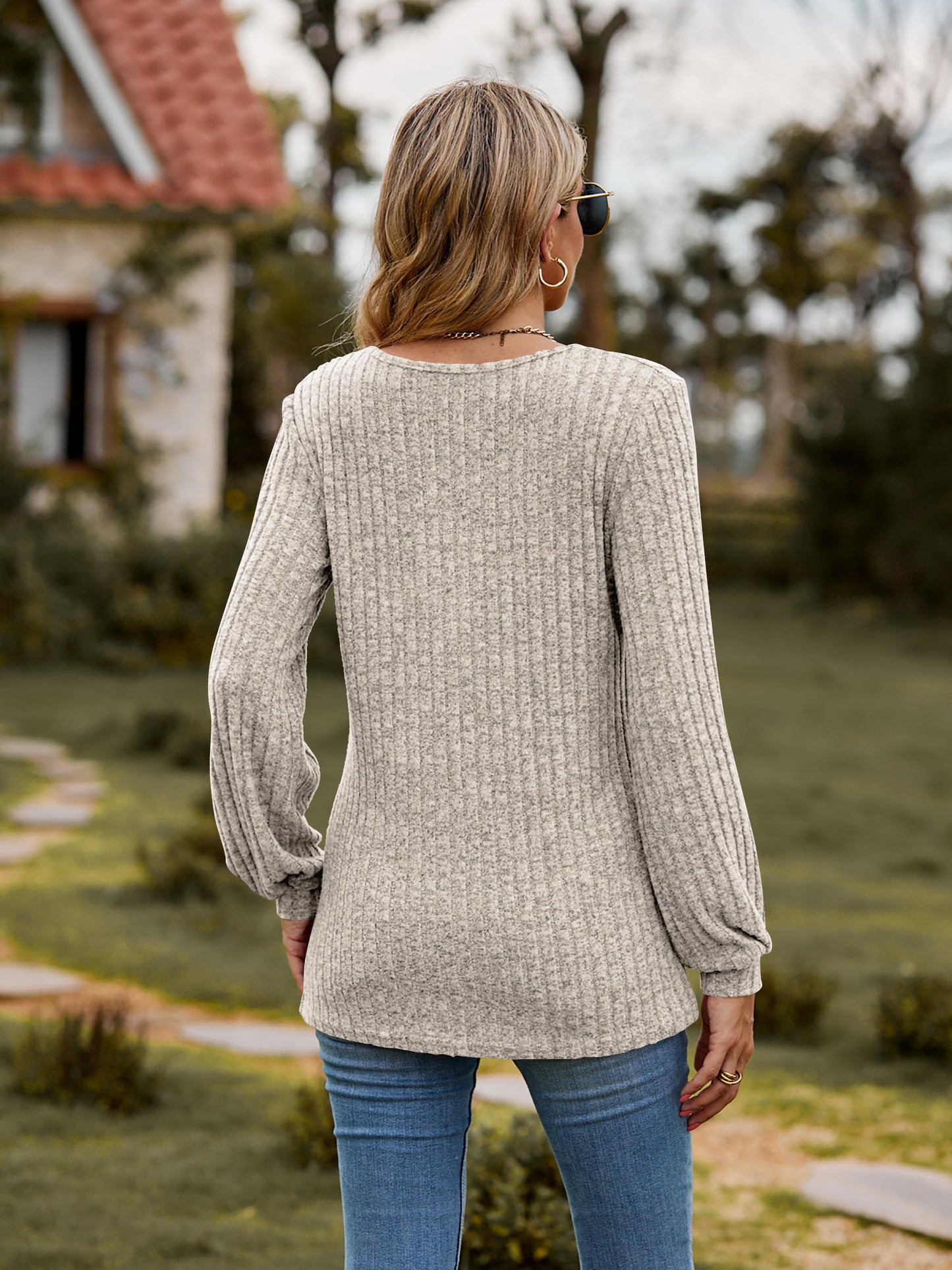 Round Neck Button-Down Long Sleeve Tee | Polyester Tee With Heathered Pattern