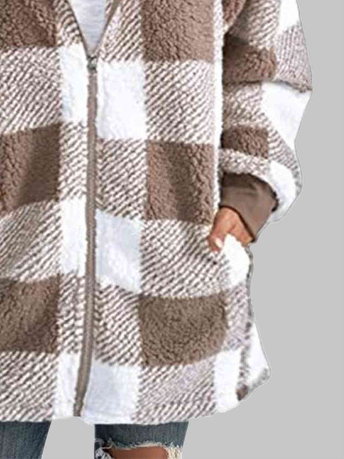 Plaid Zip-Up Hooded Jacket with Pockets | Warm Cozy Fuzzy Sherpa Jacket Shirt