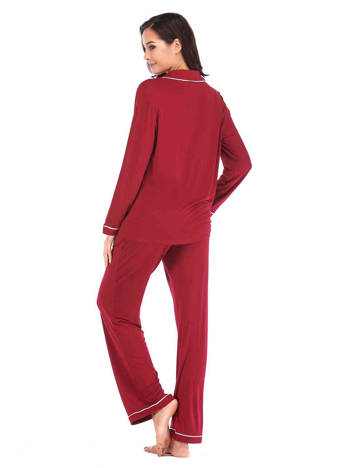 Collared Neck Long Sleeve Loungewear Set with Pockets | Stretchy Nylon Set