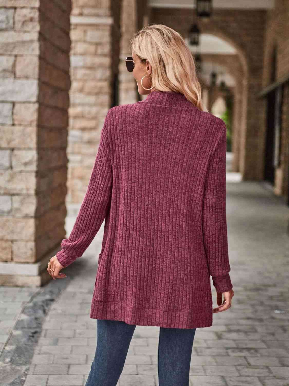 Open Front Cardigan with Pockets | Solid Casual Polyester Ribbed Cardigan