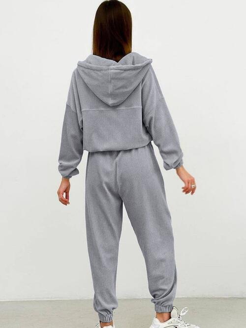Half Zip Drawstring Hoodie and Pants Set | Polyester Set With Waistband Pants