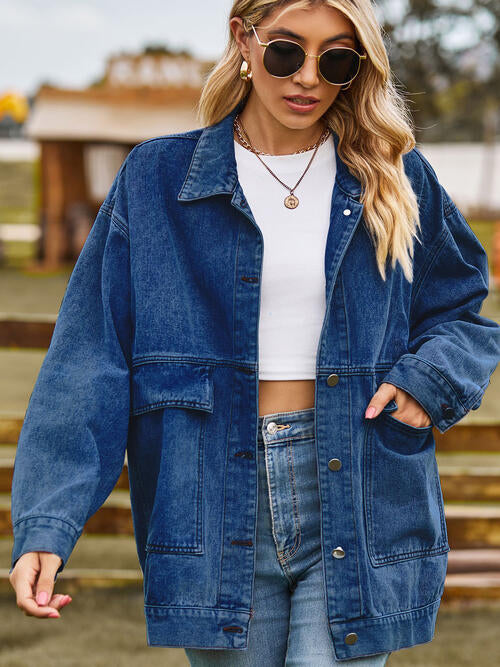 Collared Neck Button Up Denim Jacket | Casual Pocketed Jacket With Long Sleeves