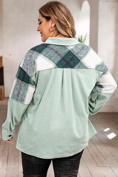 Plus Size Plaid Snap Down Jacket with Pockets | Collar Neck Polyester Jacket
