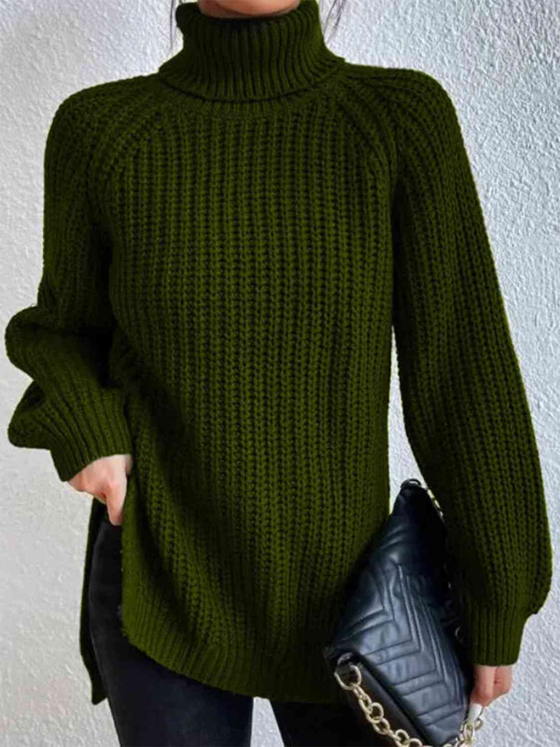 Full Size Turtleneck Rib-Knit Slit Sweater | Long Sleeves Casual Solid Sweater