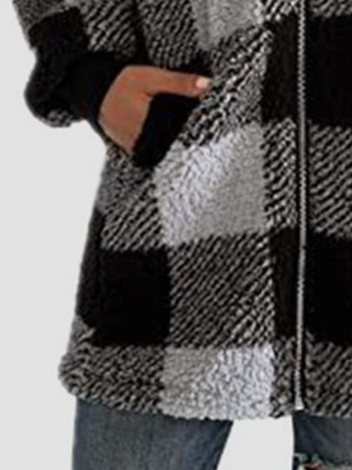 Plaid Zip Up Hooded Jacket with Pockets | Polyester Jacket With Cuffed Sleeves