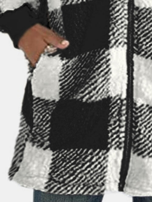 Plaid Zip Up Hooded Jacket with Pockets | Polyester Jacket With Cuffed Sleeves