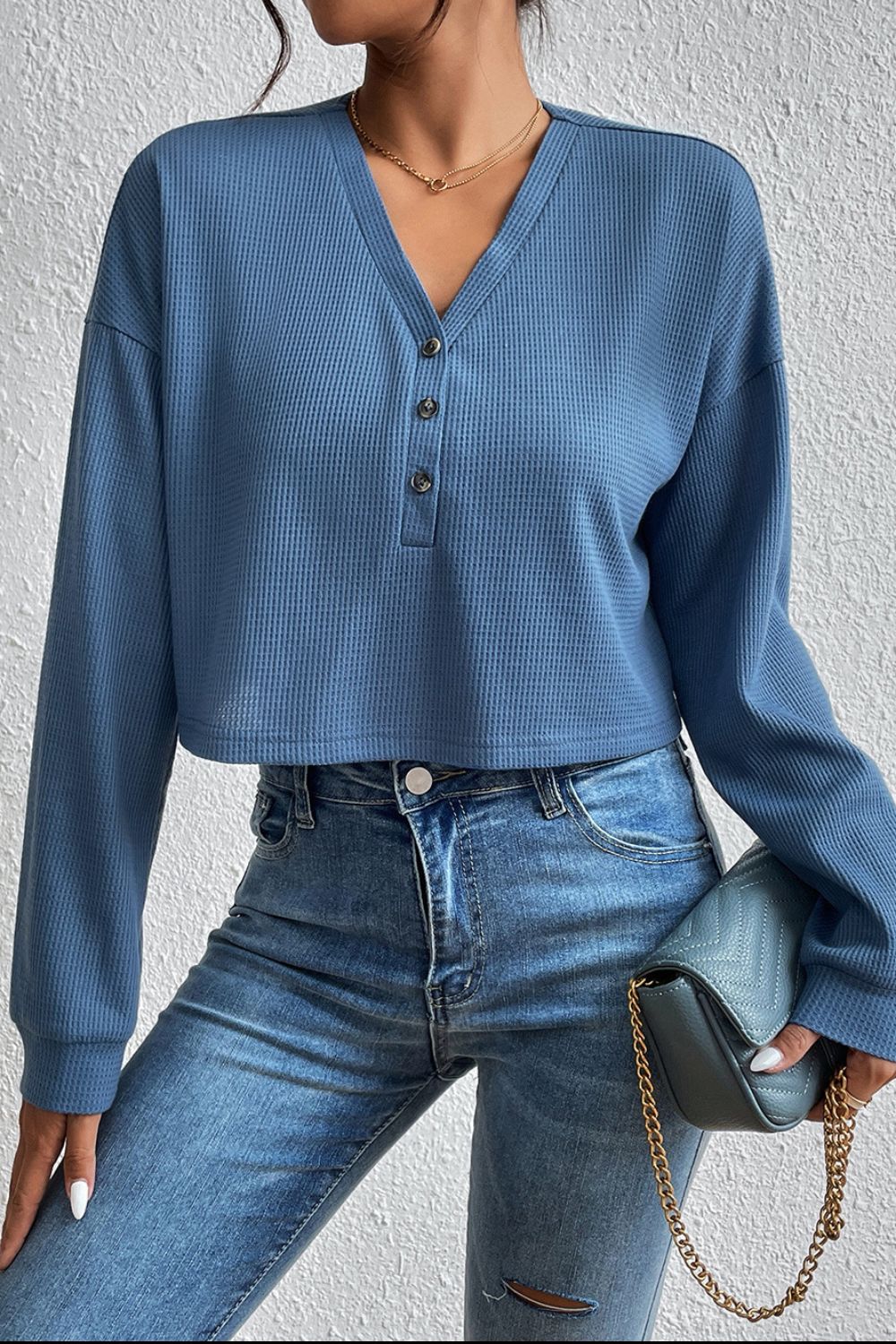 Cropped V-Neck Raglan Sleeve Buttoned Blouse | Polyester Blouse With Long Sleeve