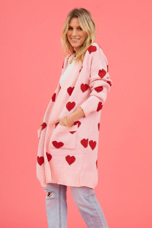 Heart Graphic Open Front Cardigan with Pockets | Cardigan With Ribbed Cuffs