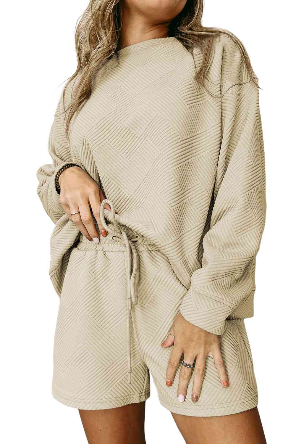 Ribbed Drop Shoulder Sweatshirt and Shorts Set | Casual Set With Pocketed Shorts