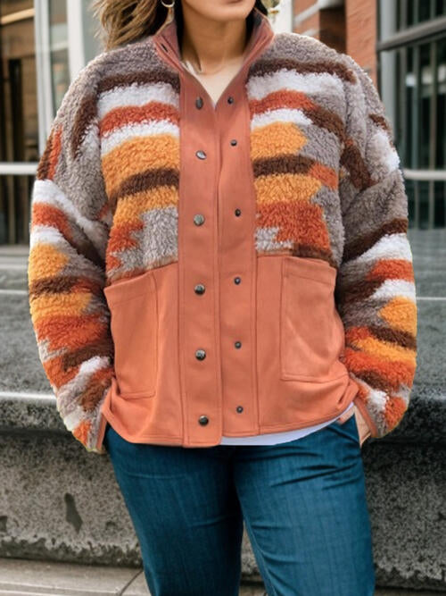 Plus Size Color Block Snap Down Jacket | Polyester Pocketed Jacket With Collar