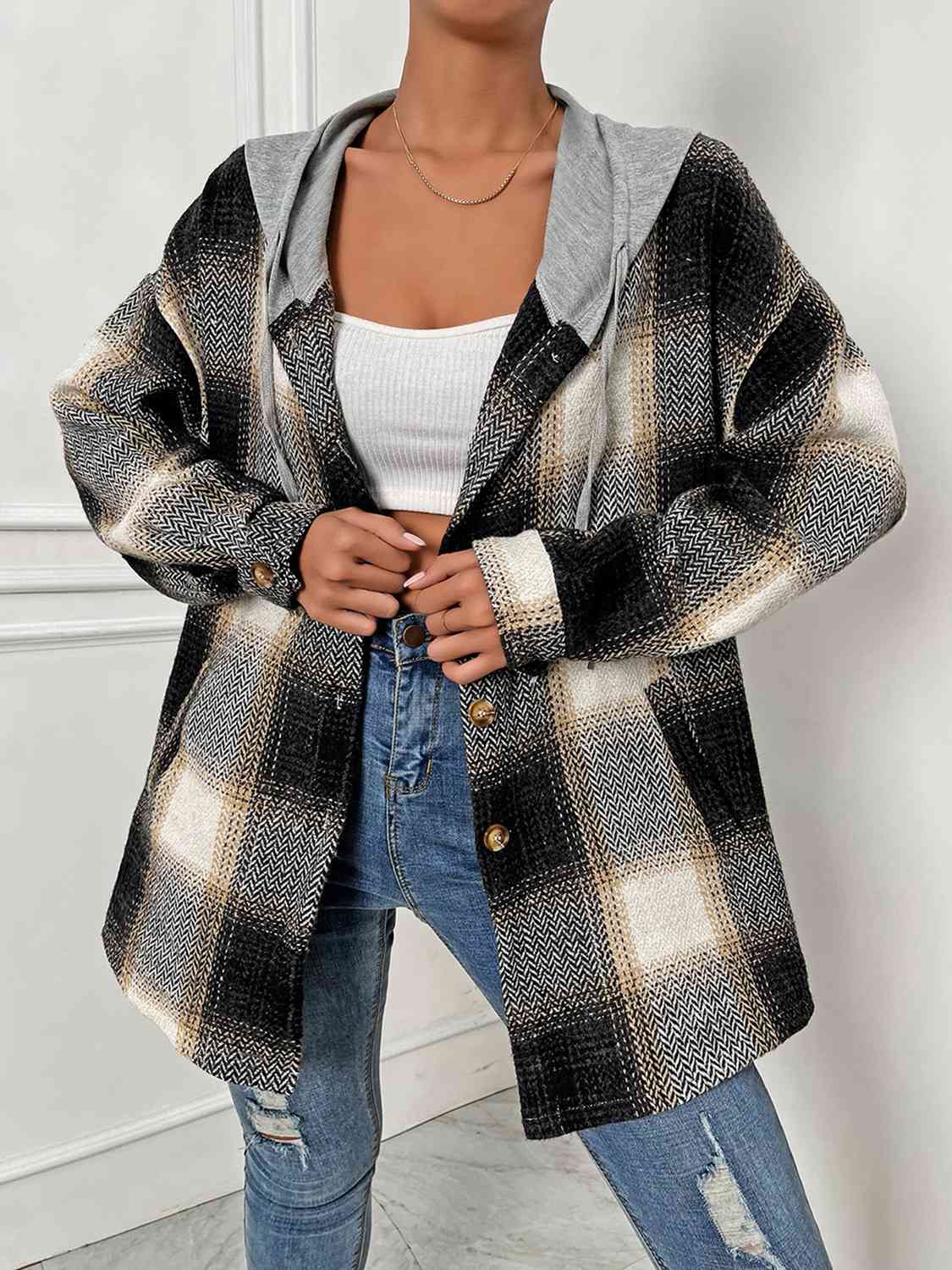 Plaid Drawstring Hooded Jacket | Casual Polyester Jacket With Button Closure
