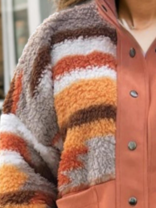 Plus Size Color Block Snap Down Jacket | Polyester Pocketed Jacket With Collar