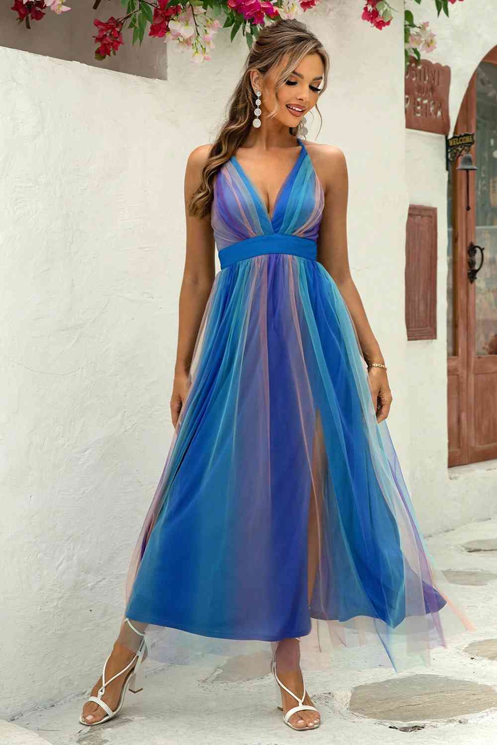 Crisscross Backless Mesh Dress | Formal Sleeveless Strapped V-neck A-Line Dress