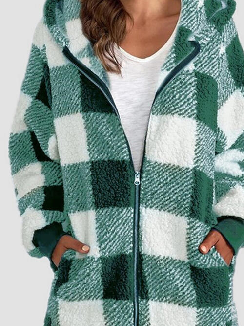 Plaid Zip Up Hooded Jacket with Pockets | Polyester Jacket With Cuffed Sleeves