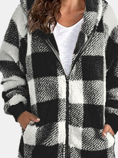 Plaid Zip Up Hooded Jacket with Pockets | Polyester Jacket With Cuffed Sleeves