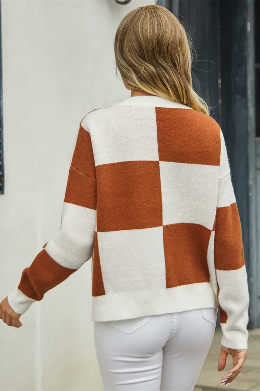 Plaid V-Neck Dropped Shoulder Cardigan | Casual Color Block Buttoned Cardigan