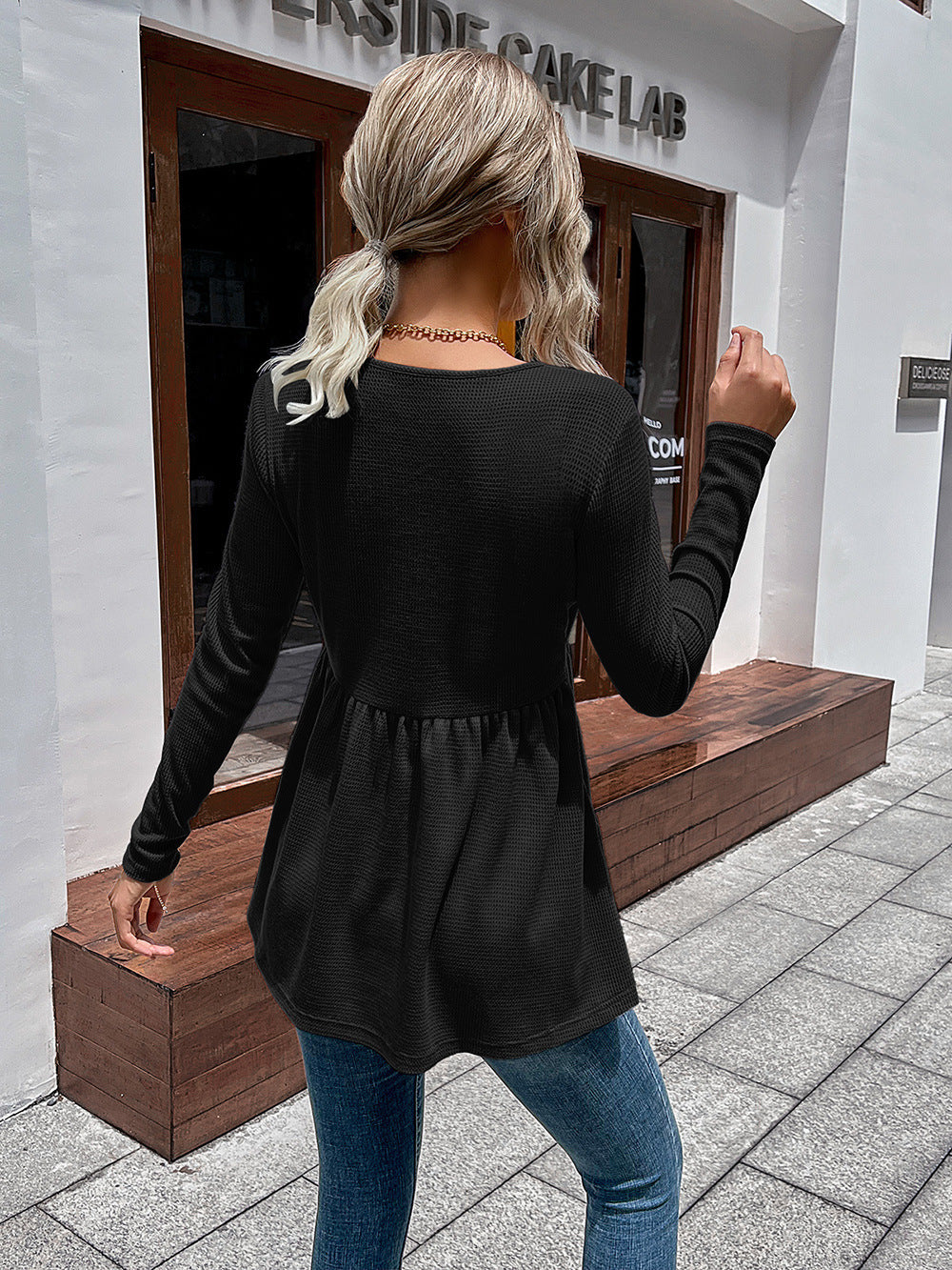 Waffle-knit V-Neck Long Sleeve Blouse | Long Solid Casual Polyester Blouse