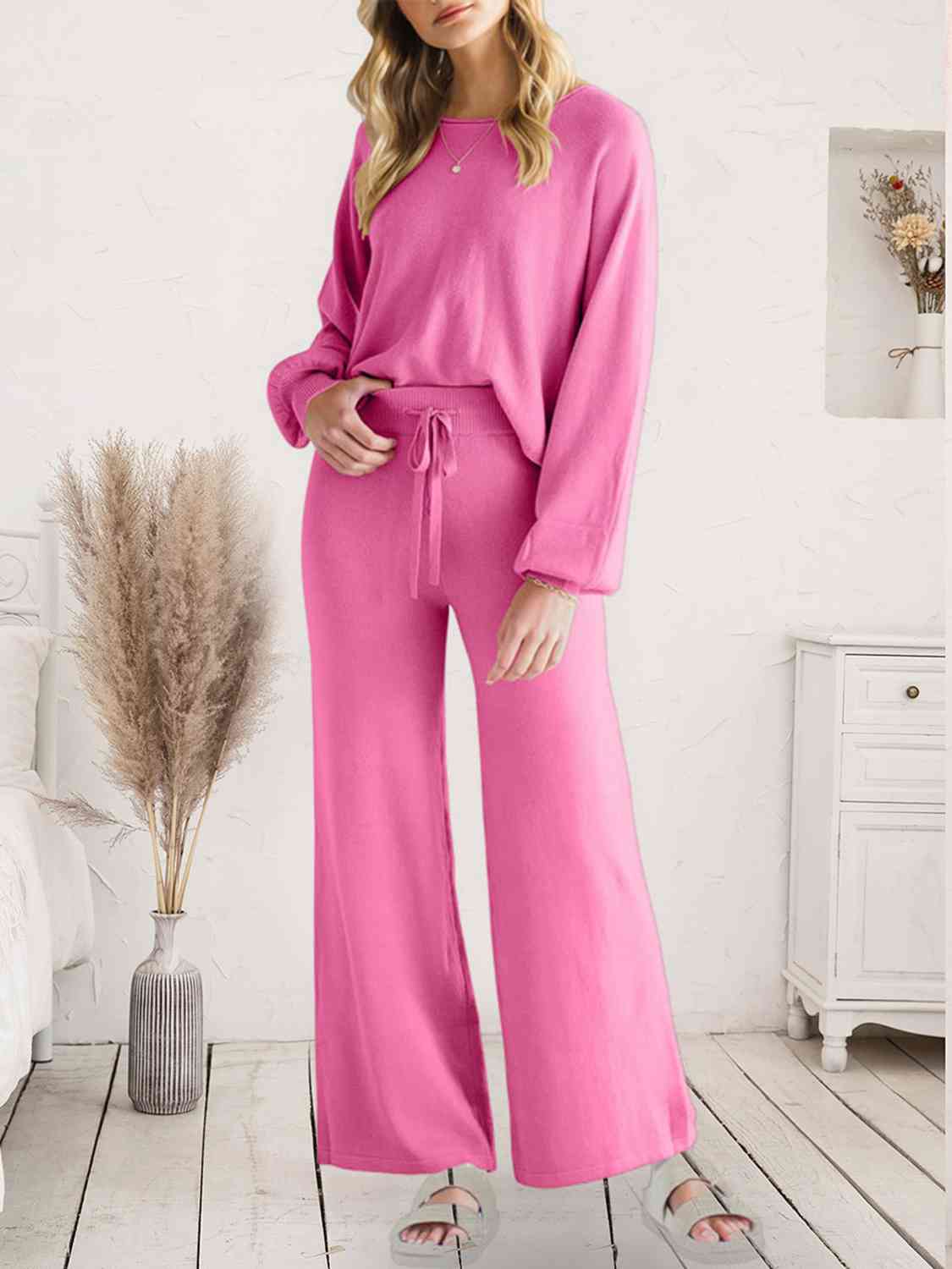 Long Sleeve Lounge Top and Drawstring Pants Set | Solid Acrylic Night Set