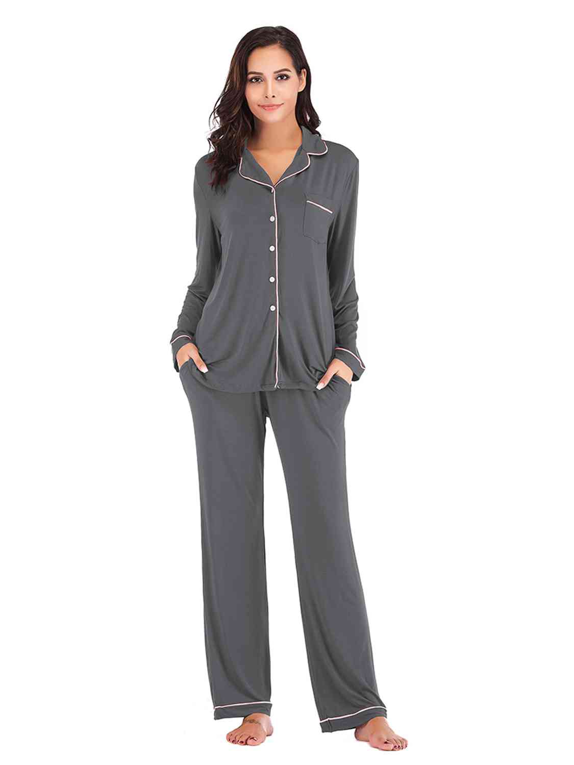 Collared Neck Long Sleeve Loungewear Set with Pockets | Stretchy Nylon Set