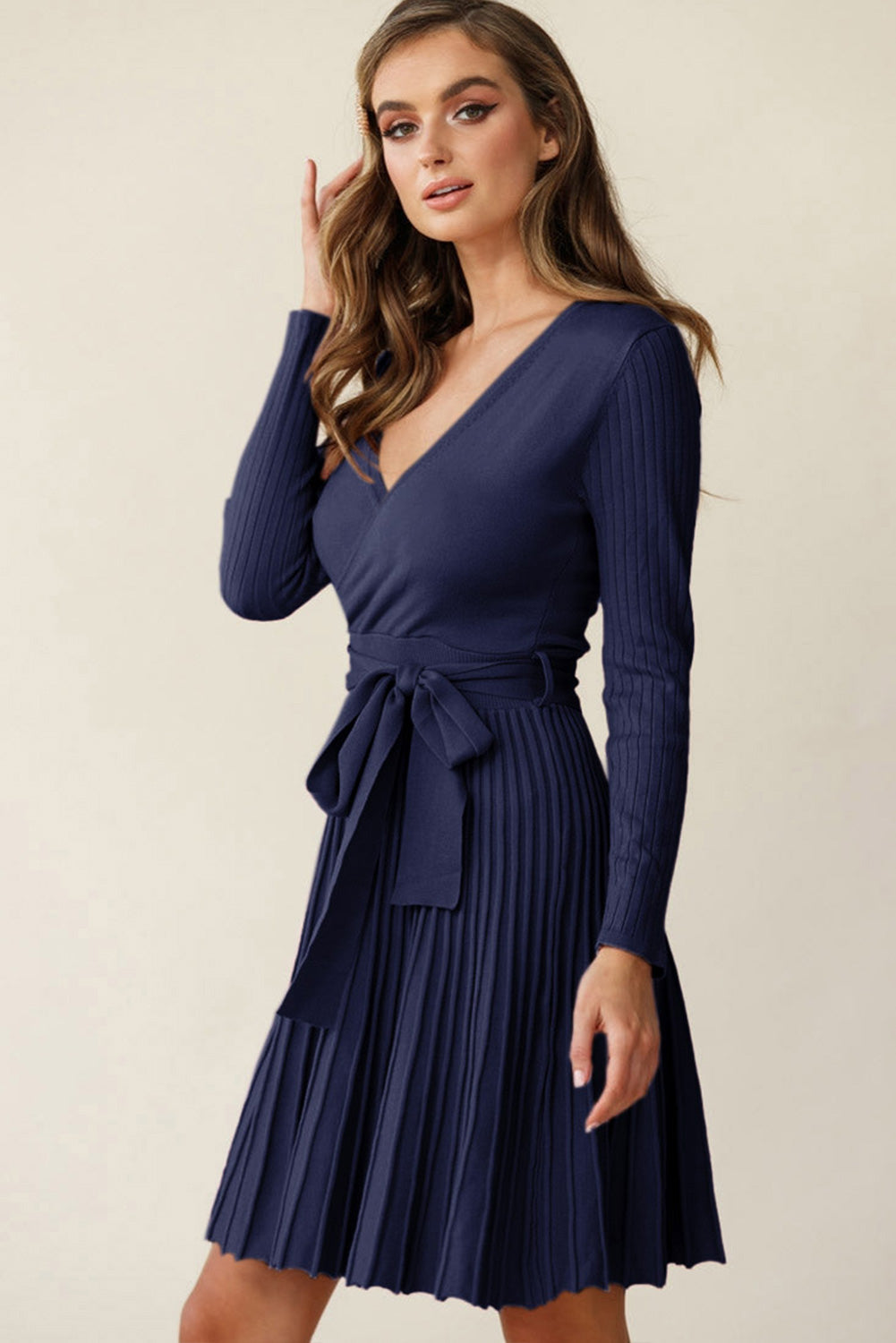 Surplice Neck Tie Waist Pleated Dress | Solid Viscose Dress With Long Sleeves