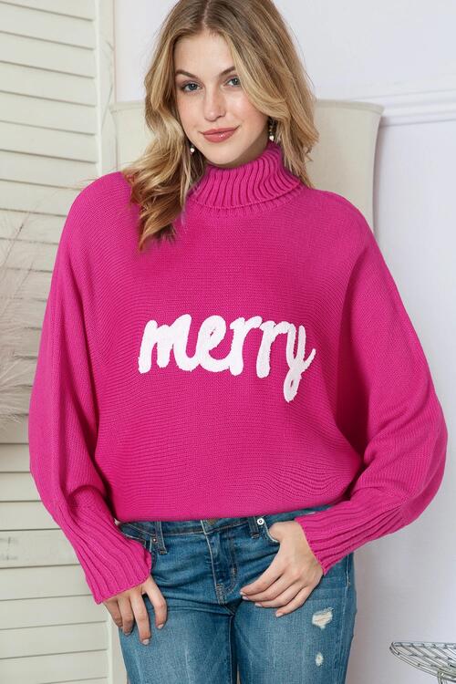 Merry Letter Embroidered High Neck Sweater | Casual Woman's Acrylic Sweater
