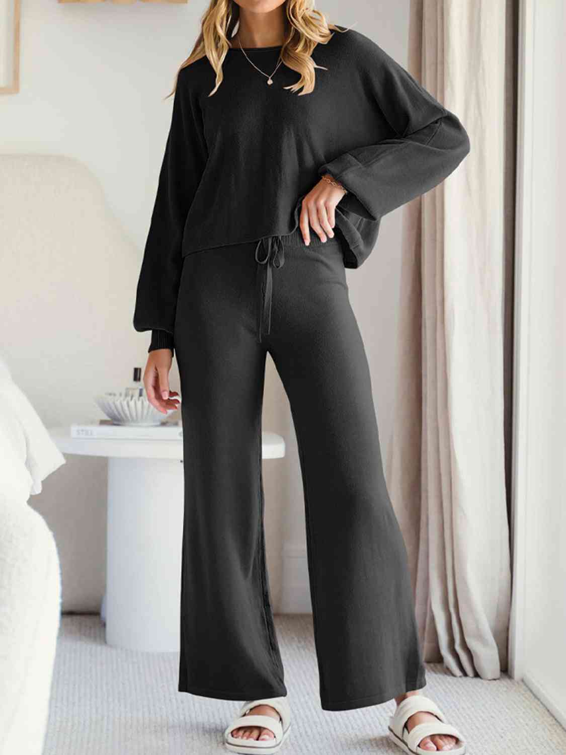 Long Sleeve Lounge Top and Drawstring Pants Set | Solid Acrylic Night Set