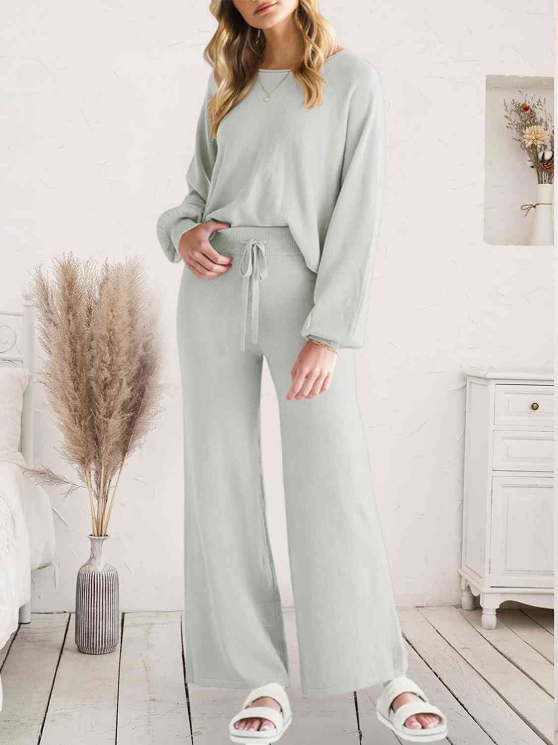 Long Sleeve Lounge Top and Drawstring Pants Set | Solid Acrylic Night Set