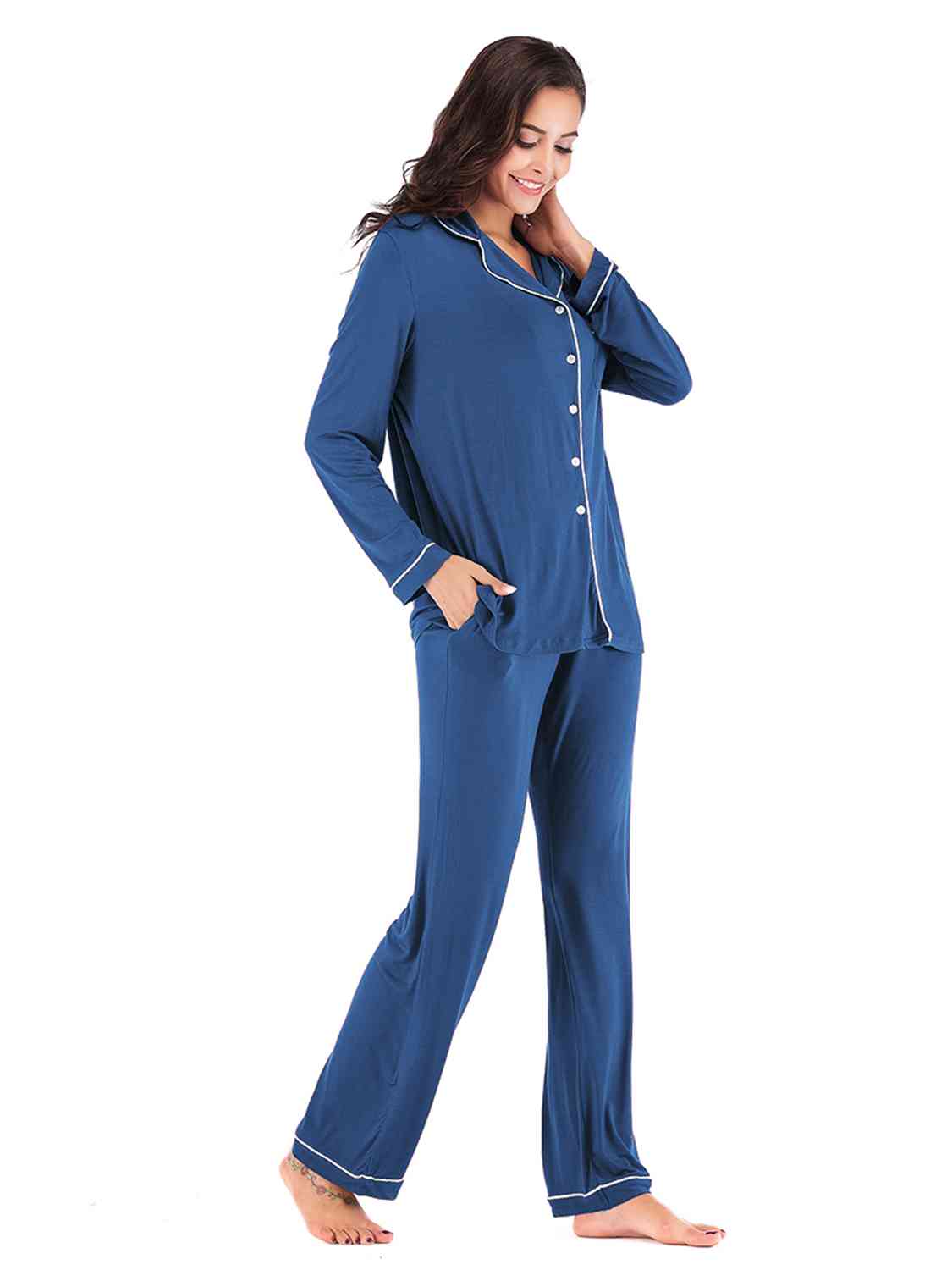 Collared Neck Long Sleeve Loungewear Set with Pockets | Stretchy Nylon Set