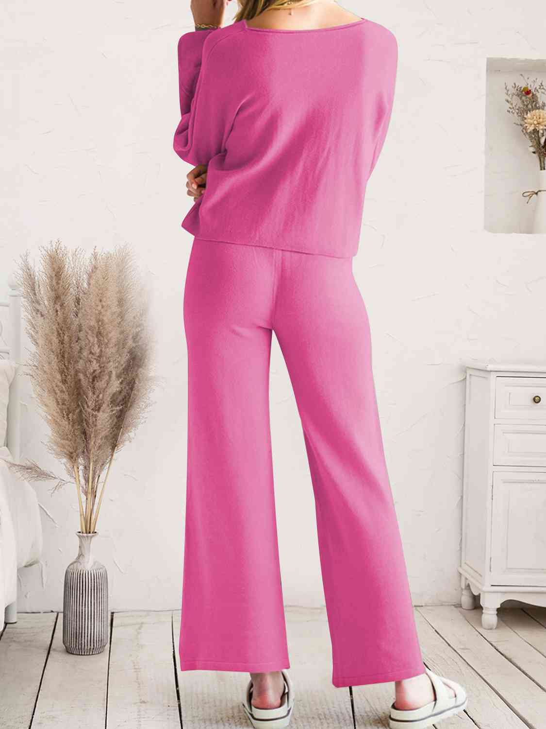 Long Sleeve Lounge Top and Drawstring Pants Set | Solid Acrylic Night Set