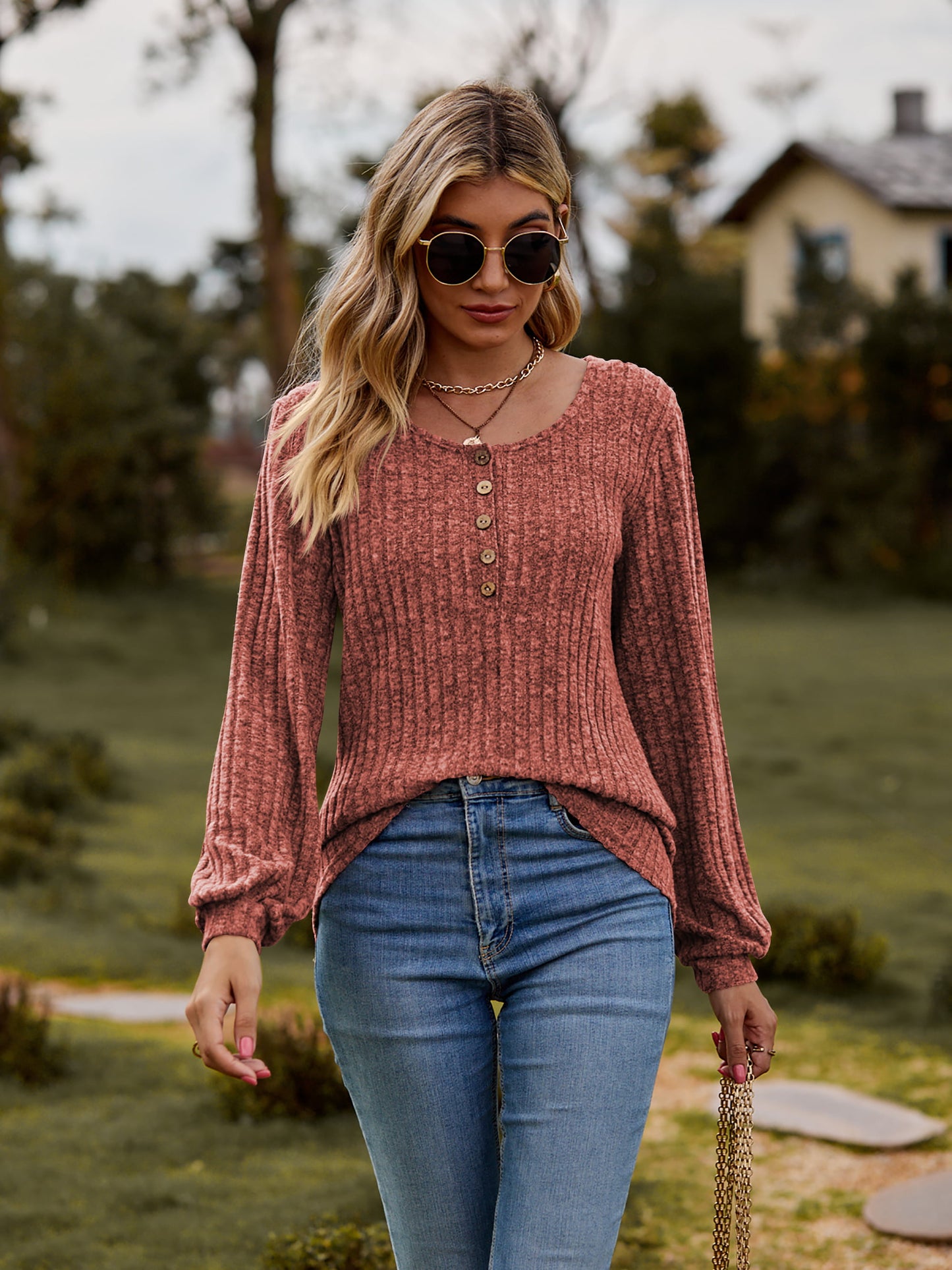 Round Neck Button-Down Long Sleeve Tee | Polyester Tee With Heathered Pattern