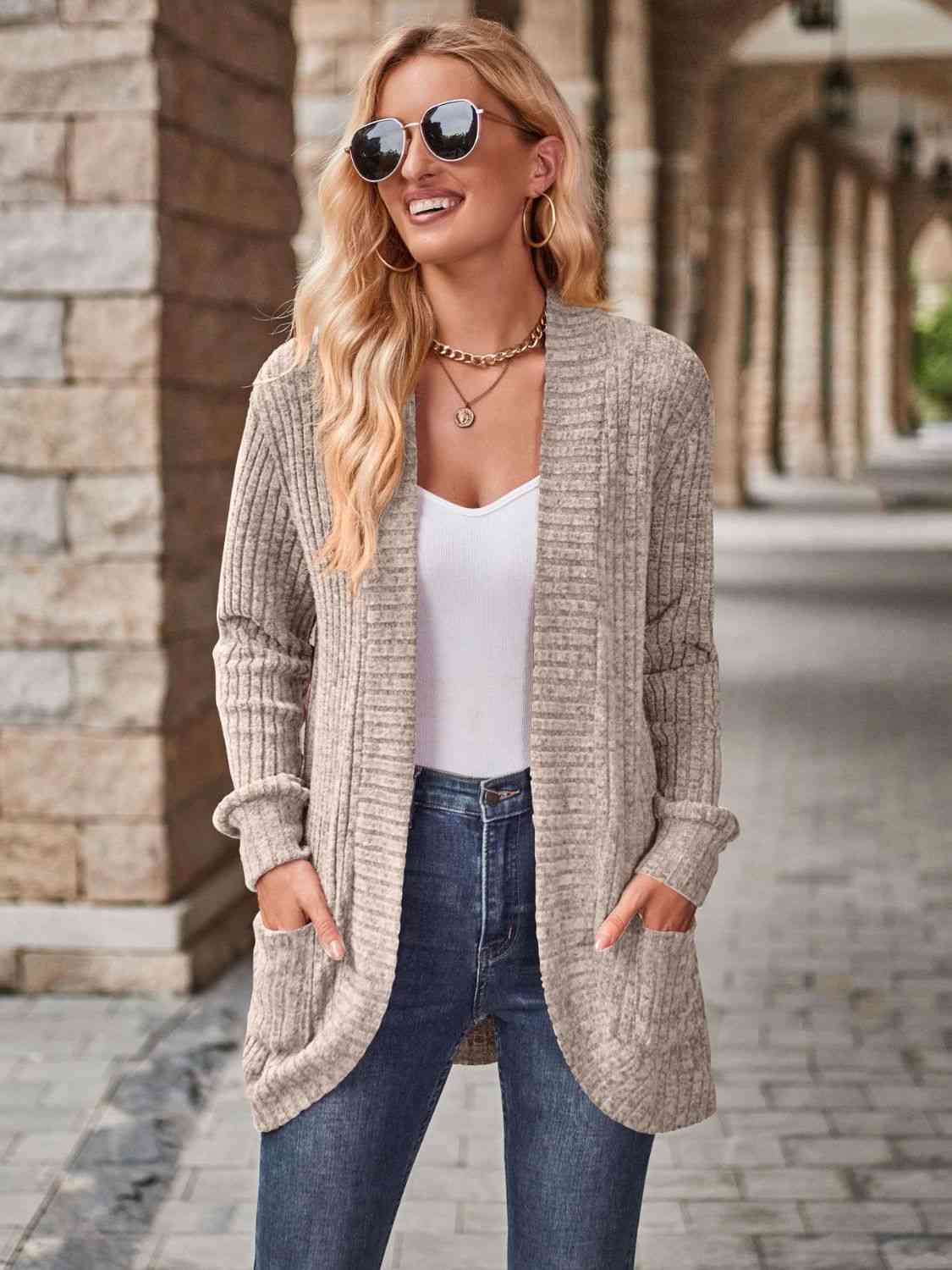 Open Front Cardigan with Pockets | Solid Casual Polyester Ribbed Cardigan