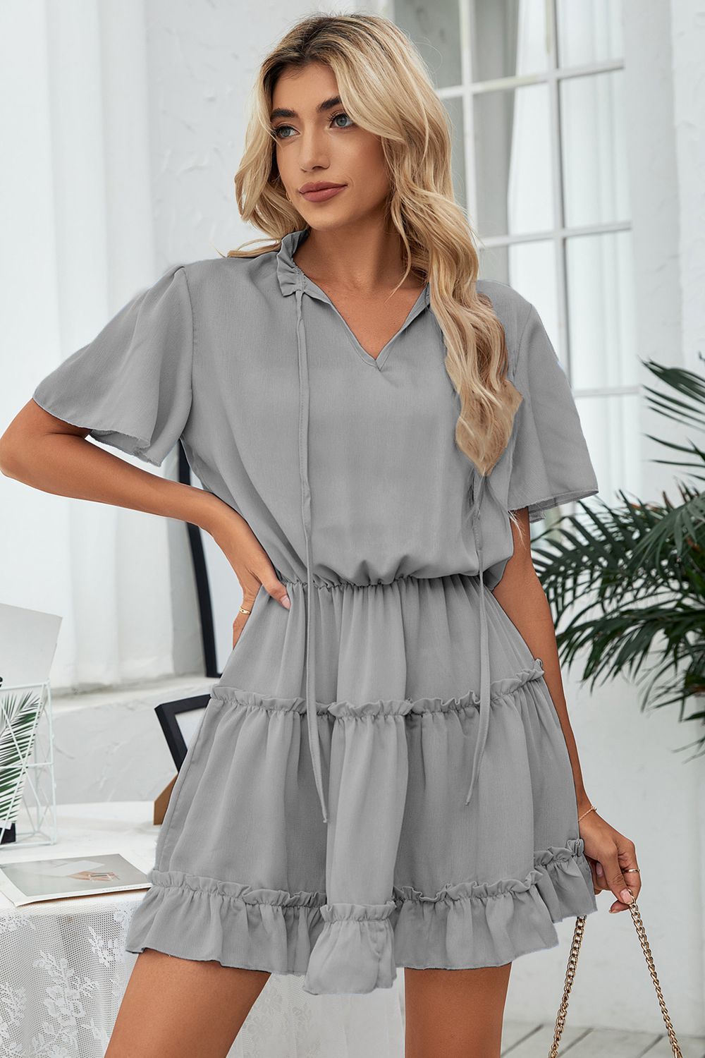 Tie Neck Frill Trim Short Sleeve Mini Dress | Mini Solid A-line Polyester Dress