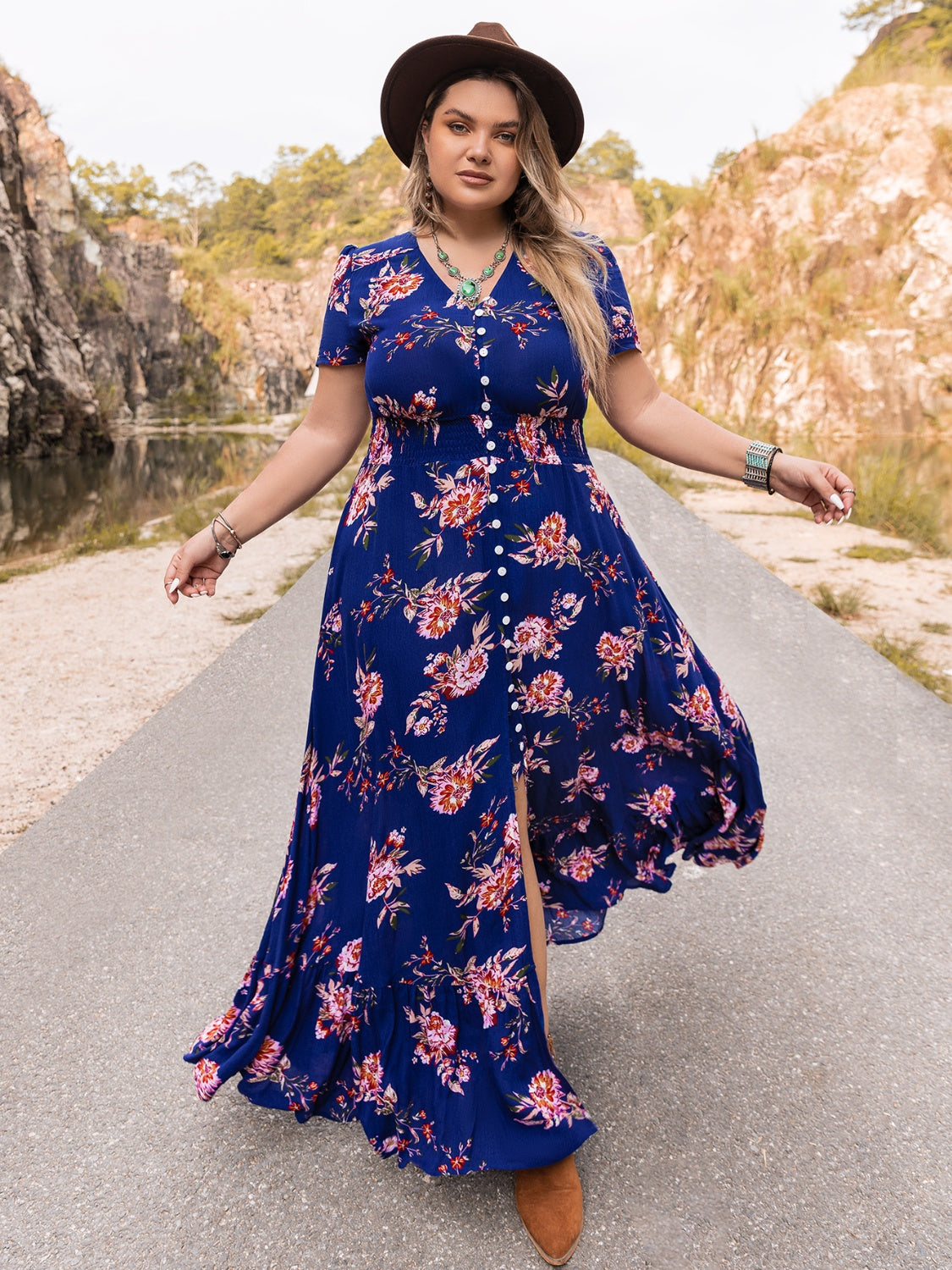 Plus Size V-Neck Maxi Dress | Casual Long Viscose Dress With Button Closure