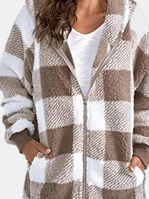 Plaid Zip Up Hooded Jacket with Pockets | Polyester Jacket With Cuffed Sleeves
