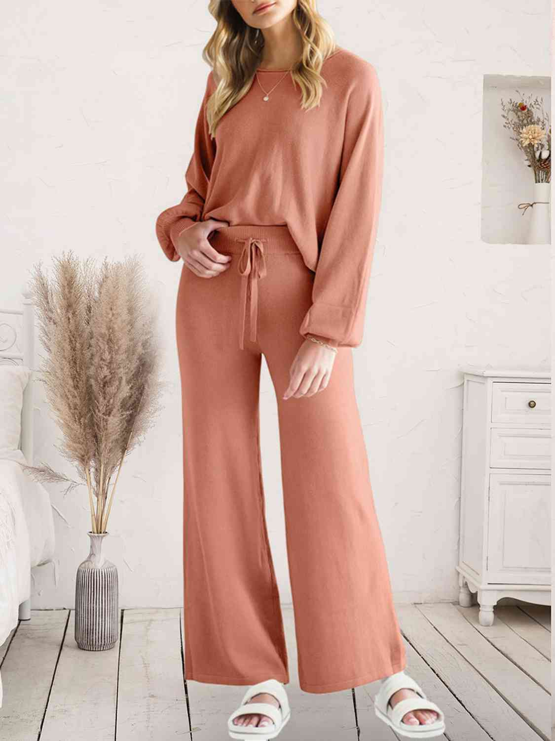 Long Sleeve Lounge Top and Drawstring Pants Set | Solid Acrylic Night Set