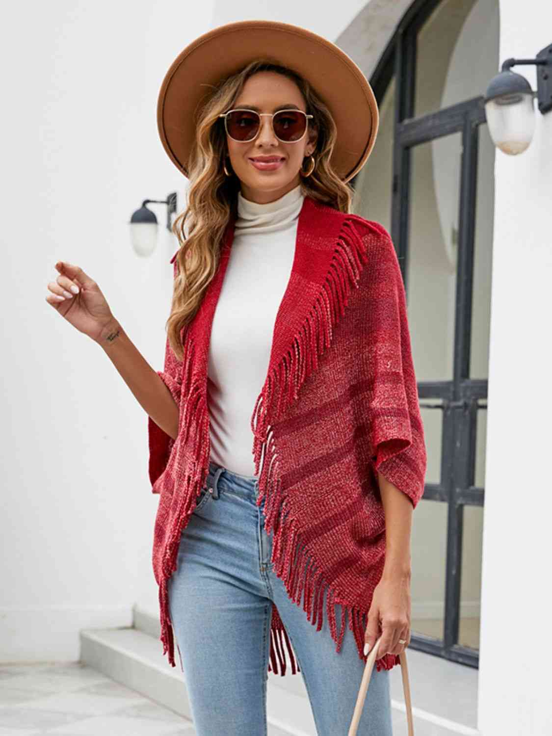 Fringe Detail Open Front Poncho | Casual Solid Stretchy Polyester Poncho