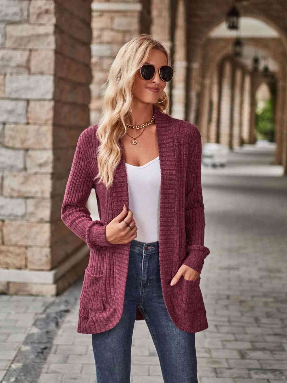 Open Front Cardigan with Pockets | Solid Casual Polyester Ribbed Cardigan