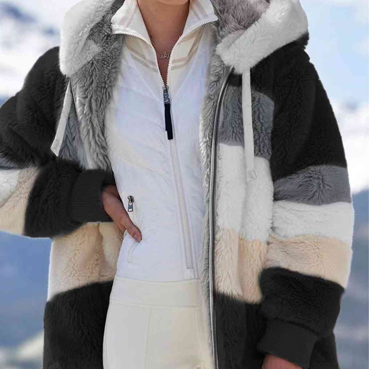 Color Block Zip-Up Hooded Jacket | Pocketed Polyester Jacket With Drawstring