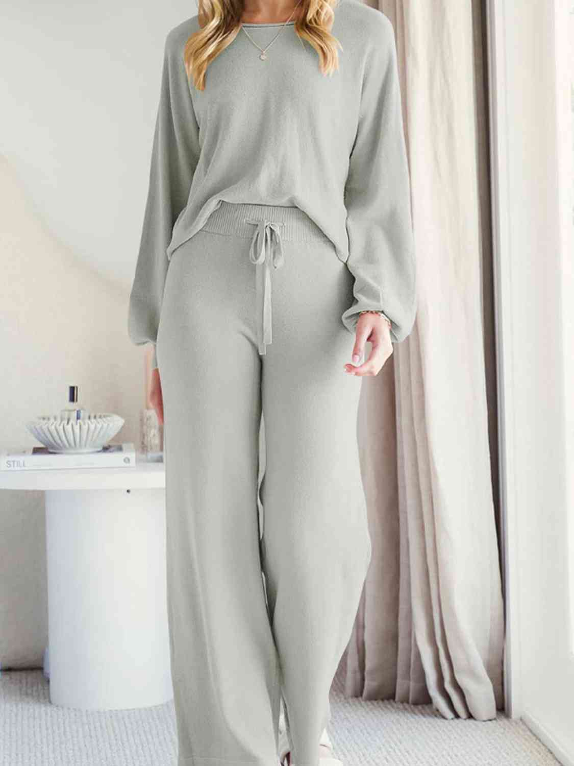 Long Sleeve Lounge Top and Drawstring Pants Set | Solid Acrylic Night Set