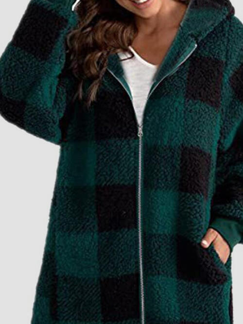 Plaid Zip Up Hooded Jacket with Pockets | Polyester Jacket With Cuffed Sleeves