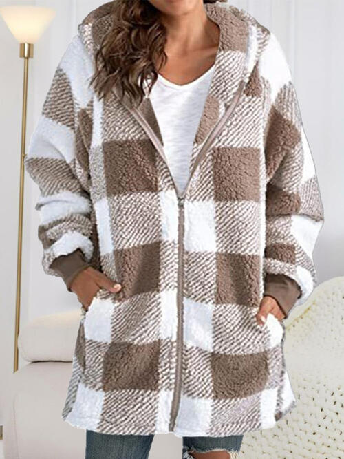 Plaid Zip Up Hooded Jacket with Pockets | Polyester Jacket With Cuffed Sleeves