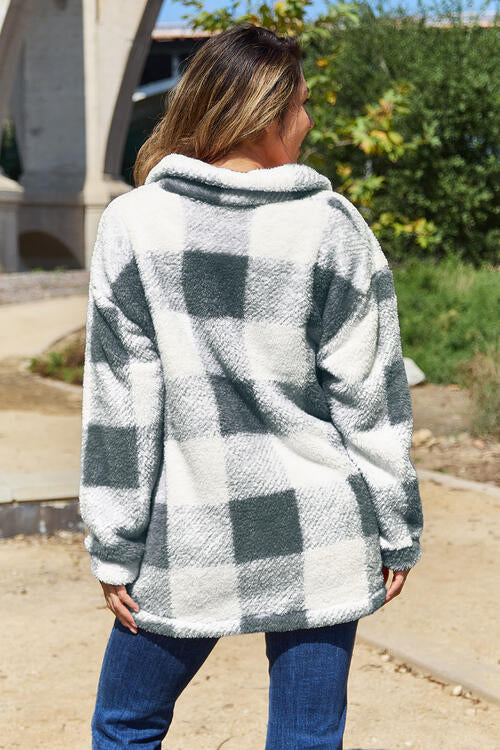 Plaid Button Up Collared Neck Jacket | Casual Polyester Soft Woman's Jacket