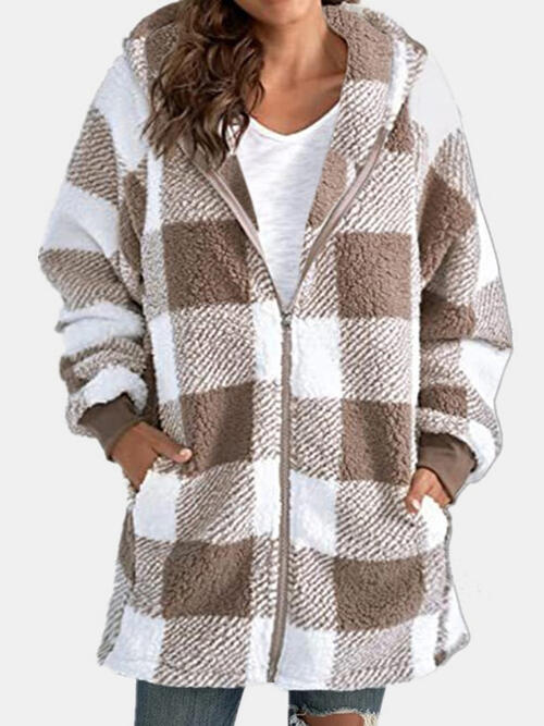 Plaid Zip Up Hooded Jacket with Pockets | Polyester Jacket With Cuffed Sleeves
