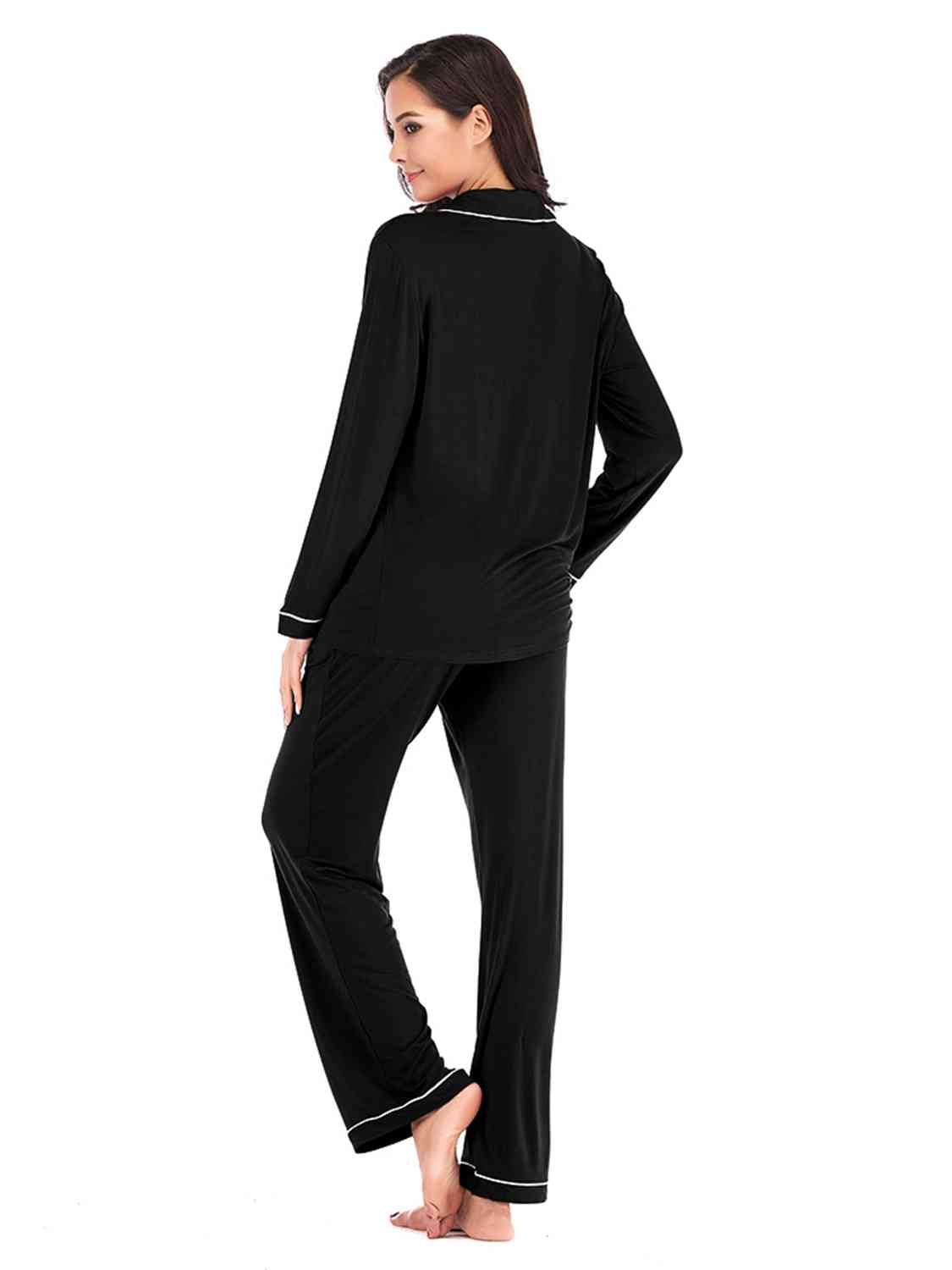 Collared Neck Long Sleeve Loungewear Set with Pockets | Stretchy Nylon Set
