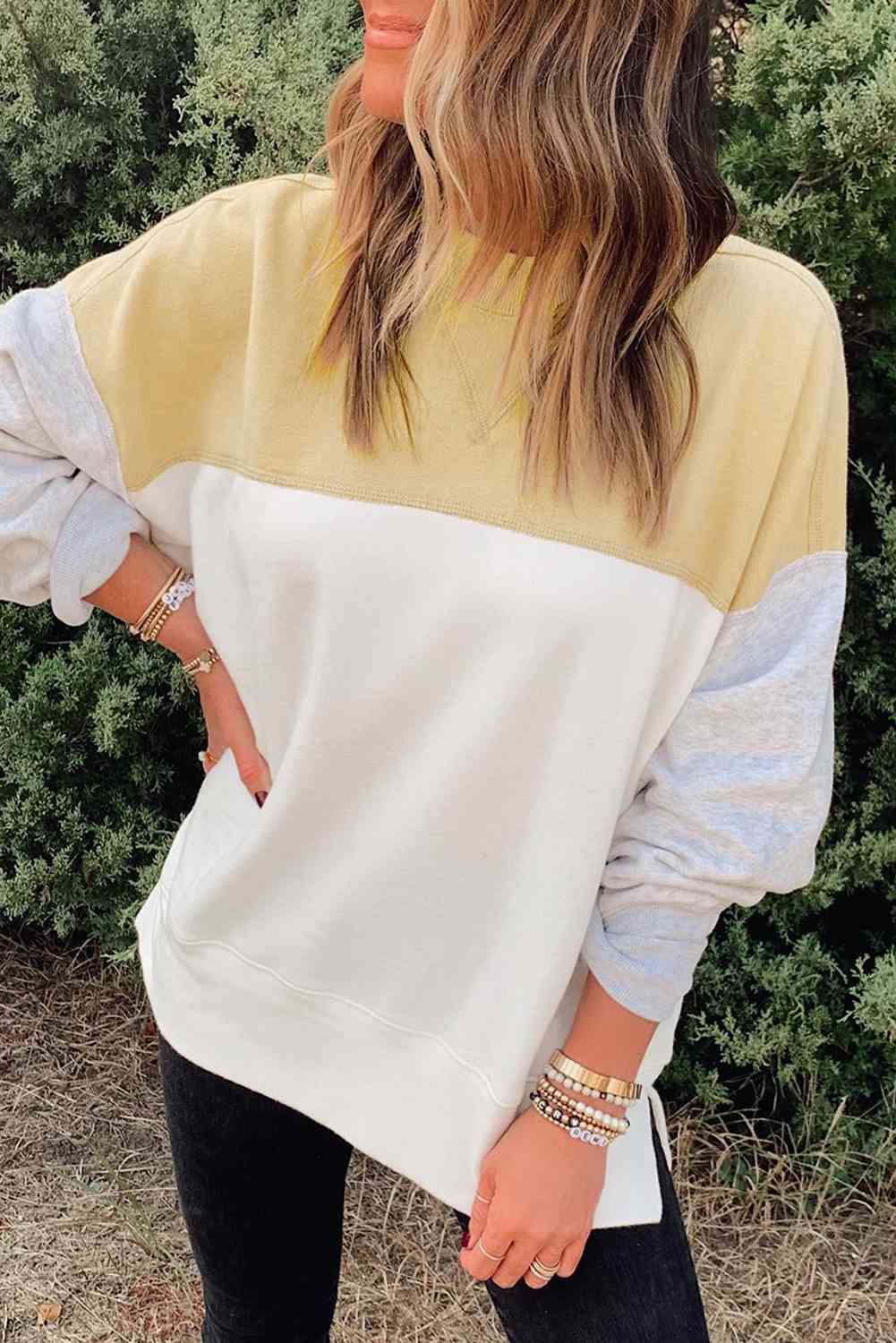Drop Shoulder Color Block Sweatshirt | Polyester Sweatshirt Wit Cuffed Sleeves