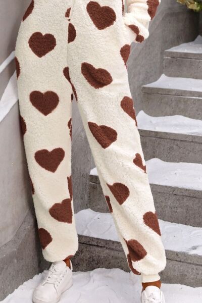 Fuzzy Heart Zip Up Hooded Lounge Jumpsuit | Woman's Polyester Pocketed Jumpsuit