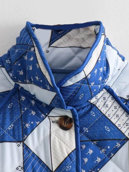 Geometric Button Up Puffer Jacket with Pockets | Casual Stand Up Collar Jacket