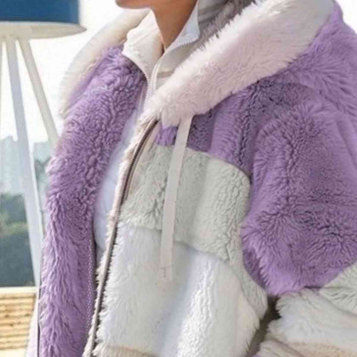 Color Block Zip-Up Hooded Jacket | Pocketed Polyester Jacket With Drawstring