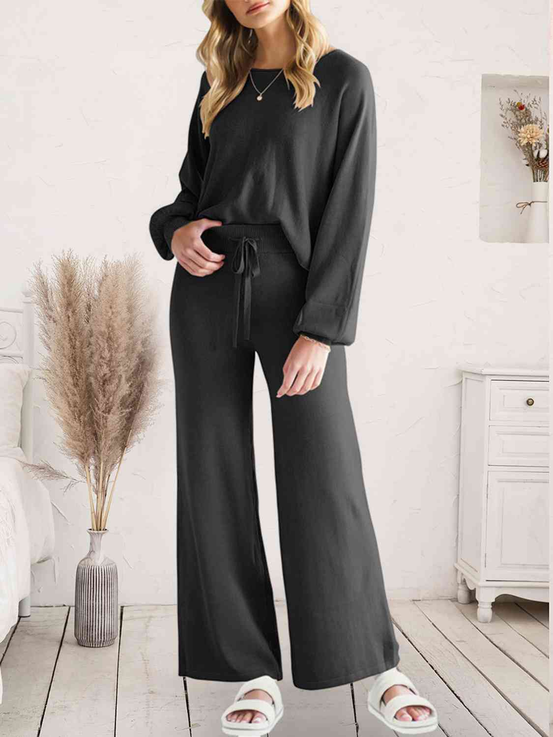 Long Sleeve Lounge Top and Drawstring Pants Set | Solid Acrylic Night Set